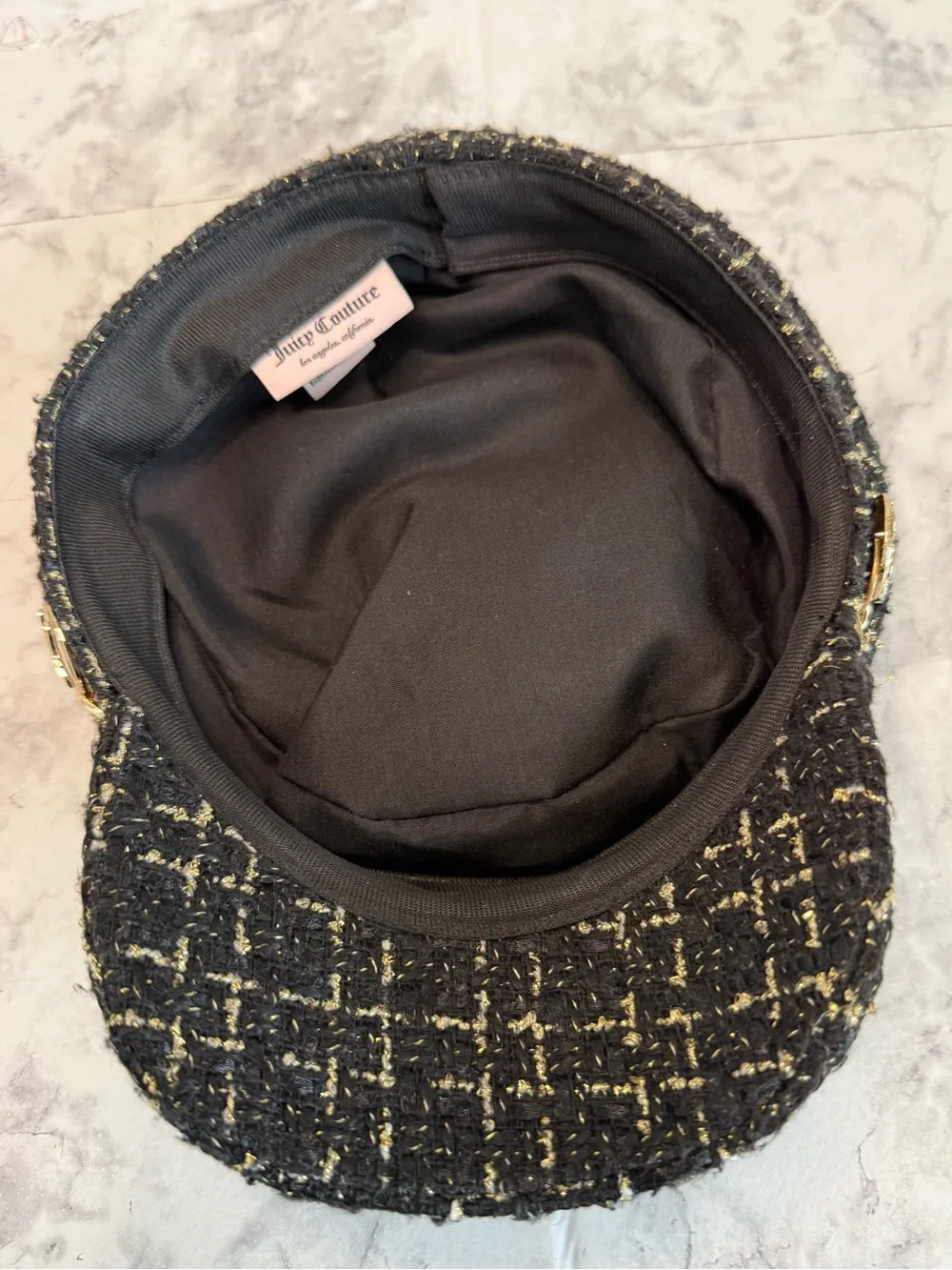 Vintage Y2K Juicy Couture Black Tweed Newsboy Cap with Gold Chain Accent